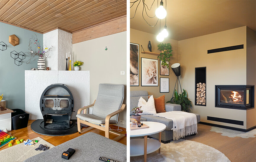Vorher-Nachher-Bild Wohnzimmer mit neuem Kamineinsatz Jøtul I 620 FR