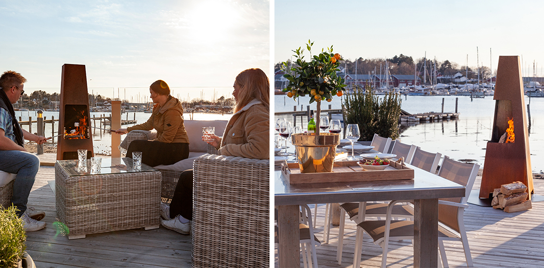 Jøtul Loki Außenkamin und Jøtul Terrazza XL Außenkamin auf einer Terrasse am Meer