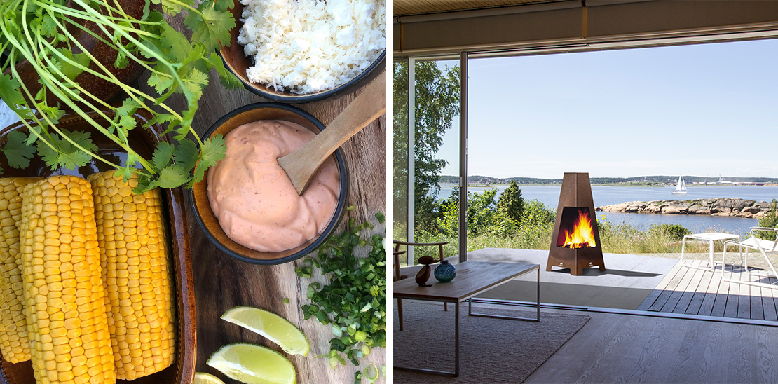 Jøtul Terrazza Außenkamin aus braunem Cortenstahl auf einer Terrasse mit Grill