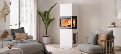 Jøtul FS 520 FRL weißer Kamin in einem hellen modernen skandinavischen Wohnzimmer