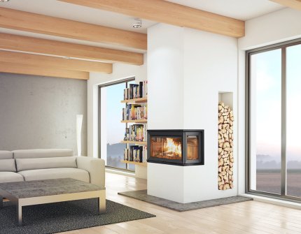 Jøtul I 620 FRL weißer Kamineinsatz mit Holznische in einem hellen, modernen Wohnzimmer 
